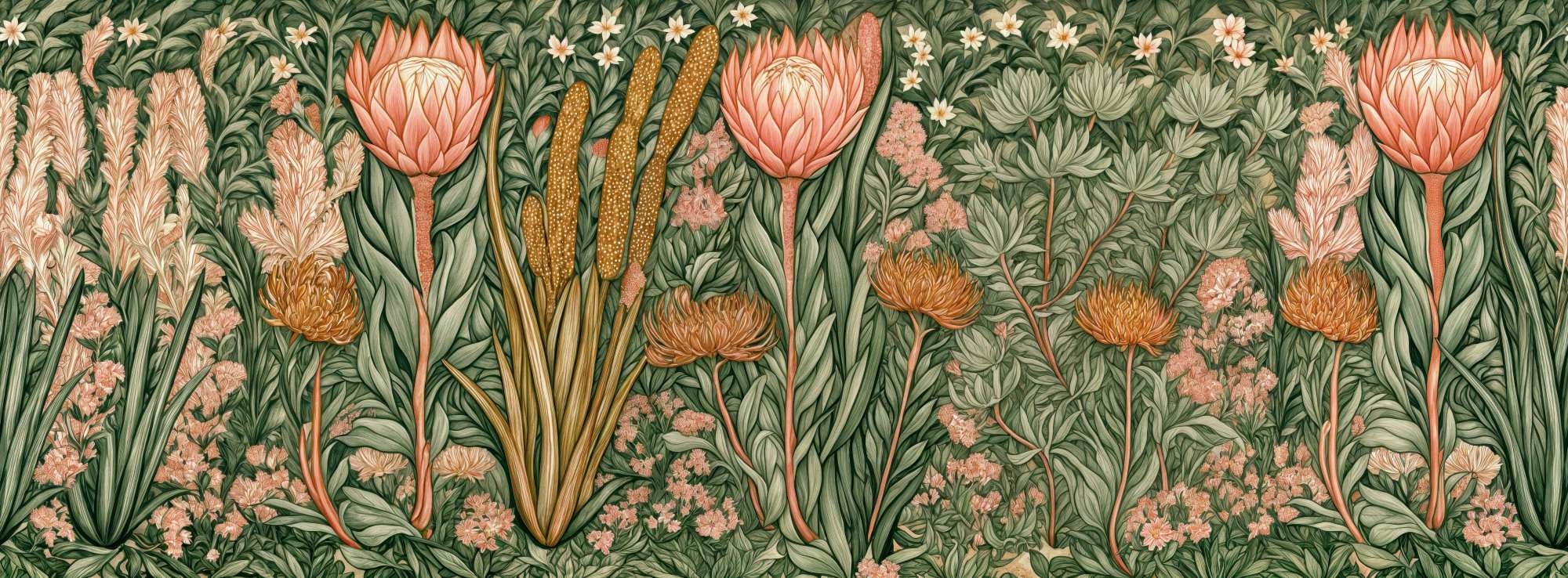 Fynbos Garden Mural 2 Wallpaper and Wall Murals South Africa Fynbos Garden Mural, protea and fynbos flowers in green and coral mural - WallpaperOnline