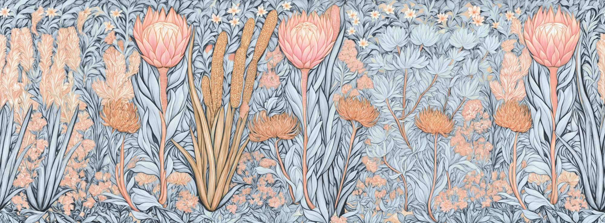Fynbos Garden Powder Mural 2 Wallpaper and Wall Murals South Africa Fynbos Garden Powder Mural, protea and fynbos flowers in powder blue and peach mural - WallpaperOnline