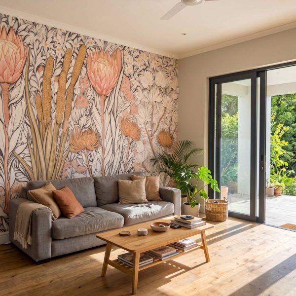 Fynbos Garden Ivory Mural shown in a living room
