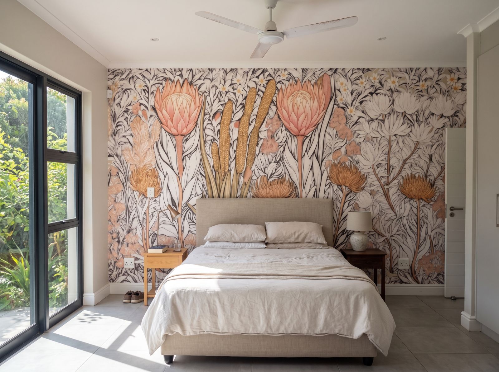 Fynbos Garden Ivory Mural 3 Wallpaper and Wall Murals South Africa Fynbos Garden Ivory Mural shown in a bedroom