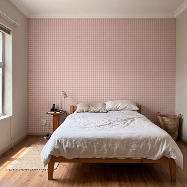 Holly Gingham Blush shown in a bedroom