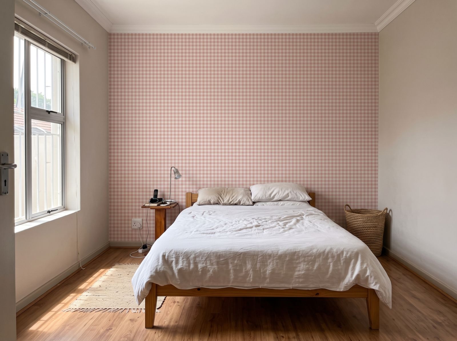 Holly Gingham Blush 1 Wallpaper and Wall Murals South Africa Holly Gingham Blush shown in a bedroom