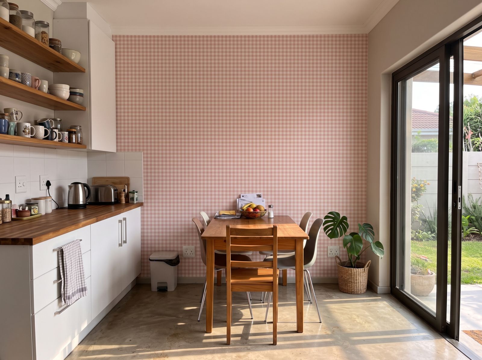 Holly Gingham Blush 3 Wallpaper and Wall Murals South Africa Holly Gingham Blush shown in a kitchen