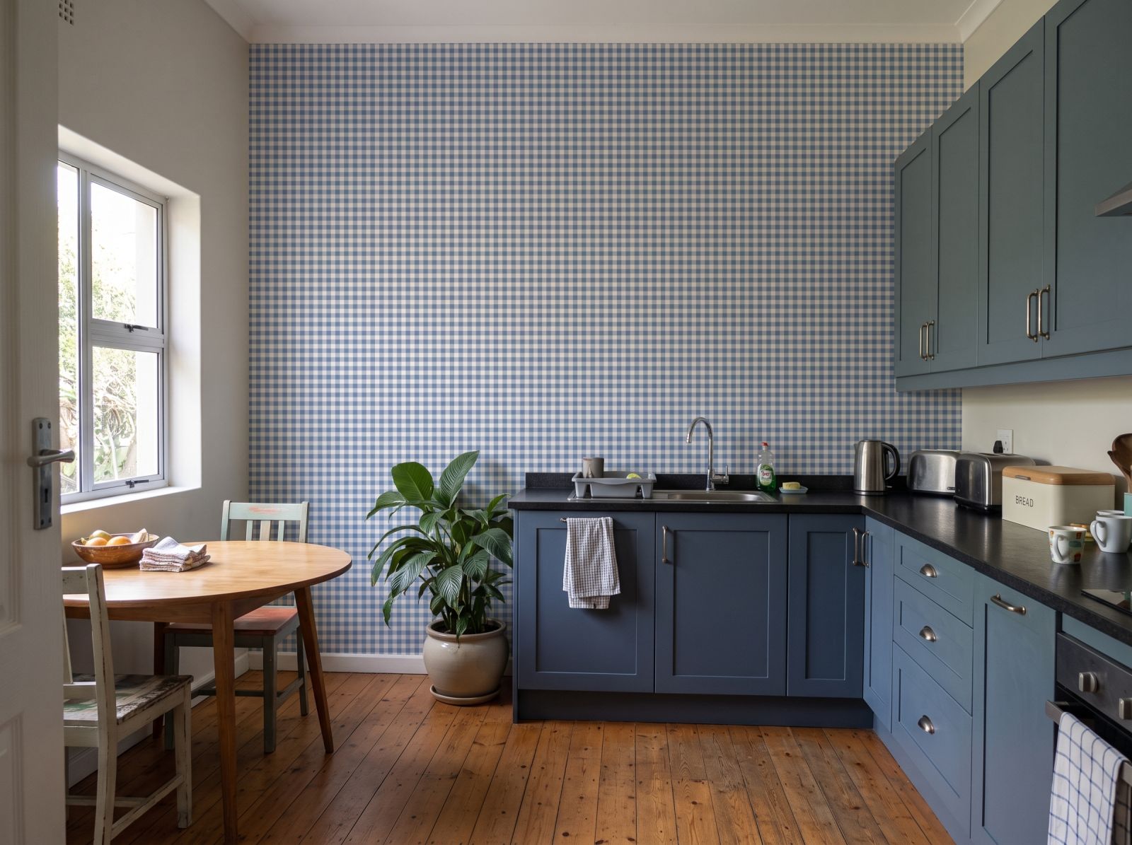Holly Gingham Delft 1 Wallpaper and Wall Murals South Africa Holly Gingham Delft shown in a kitchen