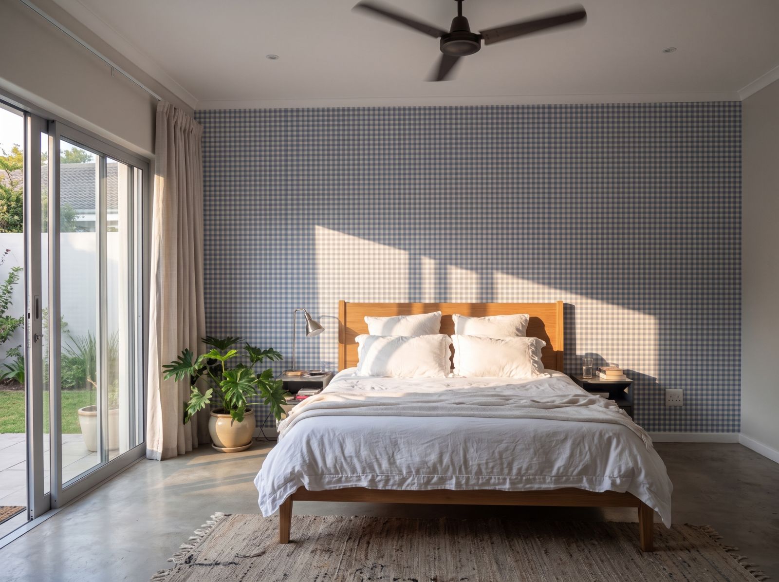 Holly Gingham Delft 3 Wallpaper and Wall Murals South Africa Holly Gingham Delft shown in a bedroom