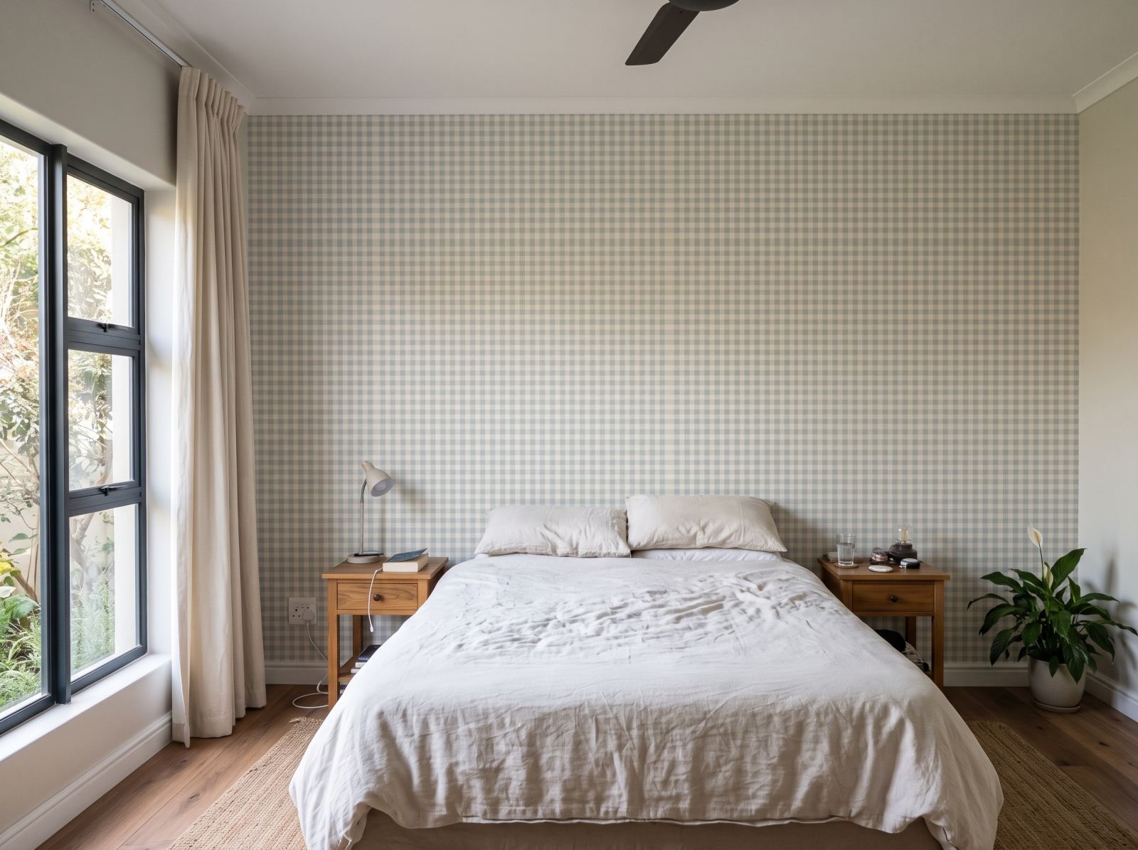 Holly Gingham Misty Blue 1 Wallpaper and Wall Murals South Africa Holly Gingham Misty Blue shown in a bedroom