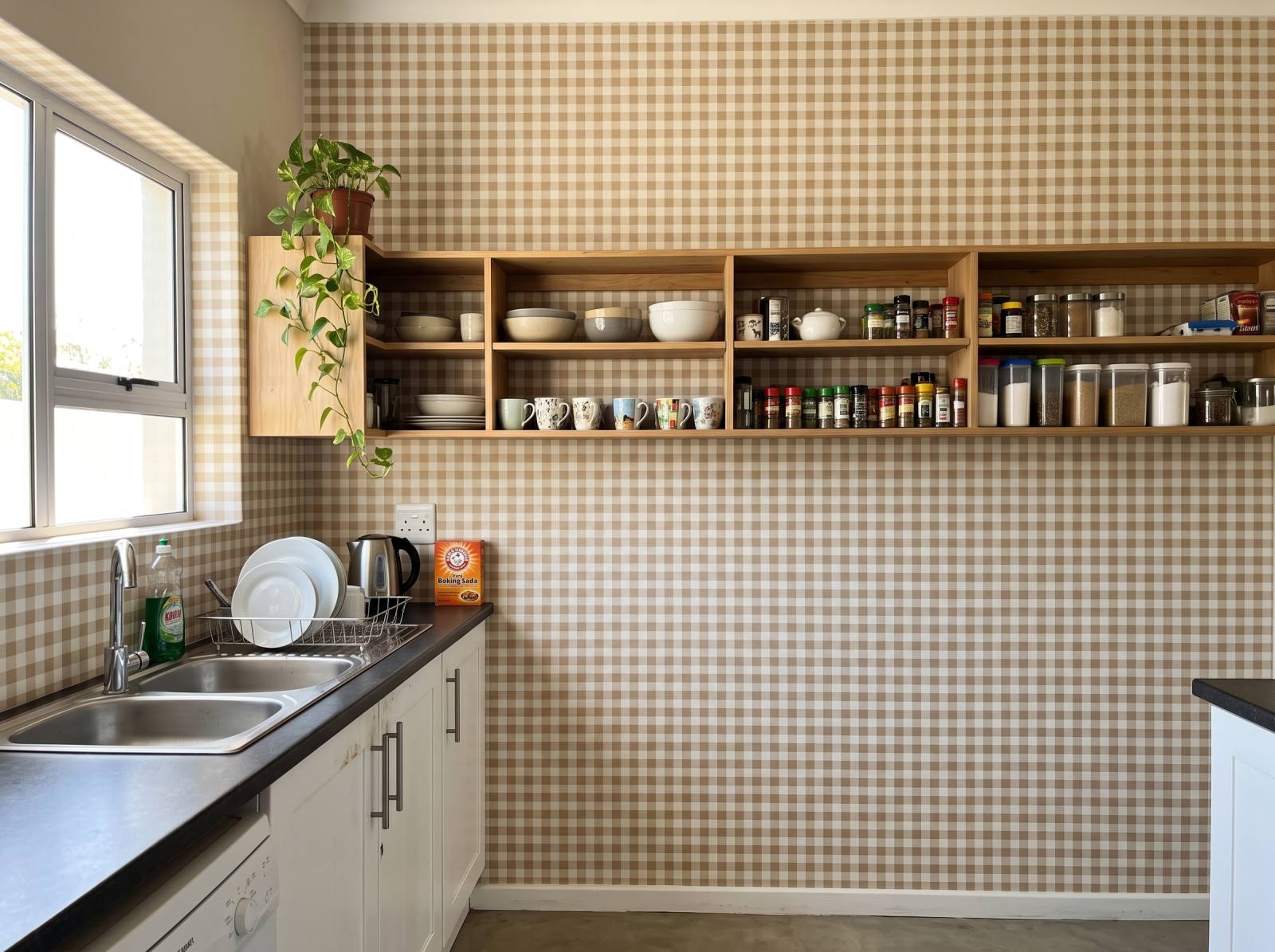 Holly Gingham Ochre 1 Wallpaper and Wall Murals South Africa Holly Gingham Ochre shown in a kitchen
