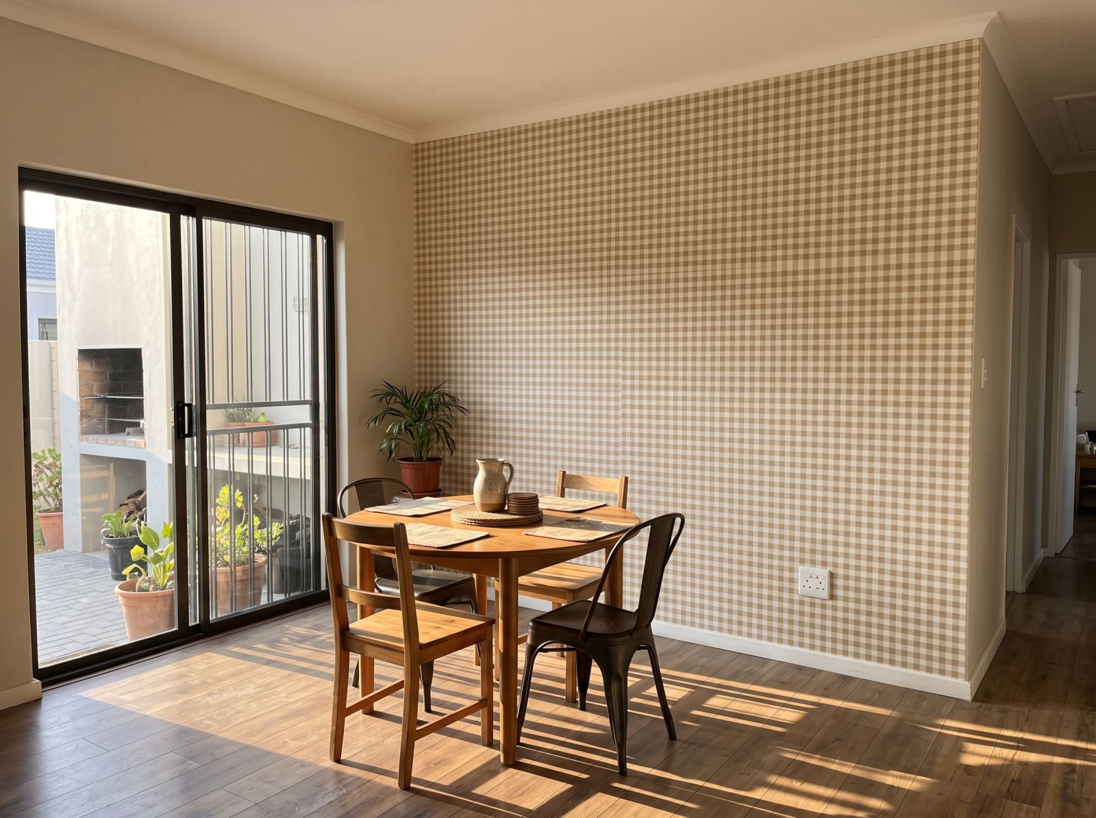 Holly Gingham Ochre 3 Wallpaper and Wall Murals South Africa Holly Gingham Ochre shown in a dining room