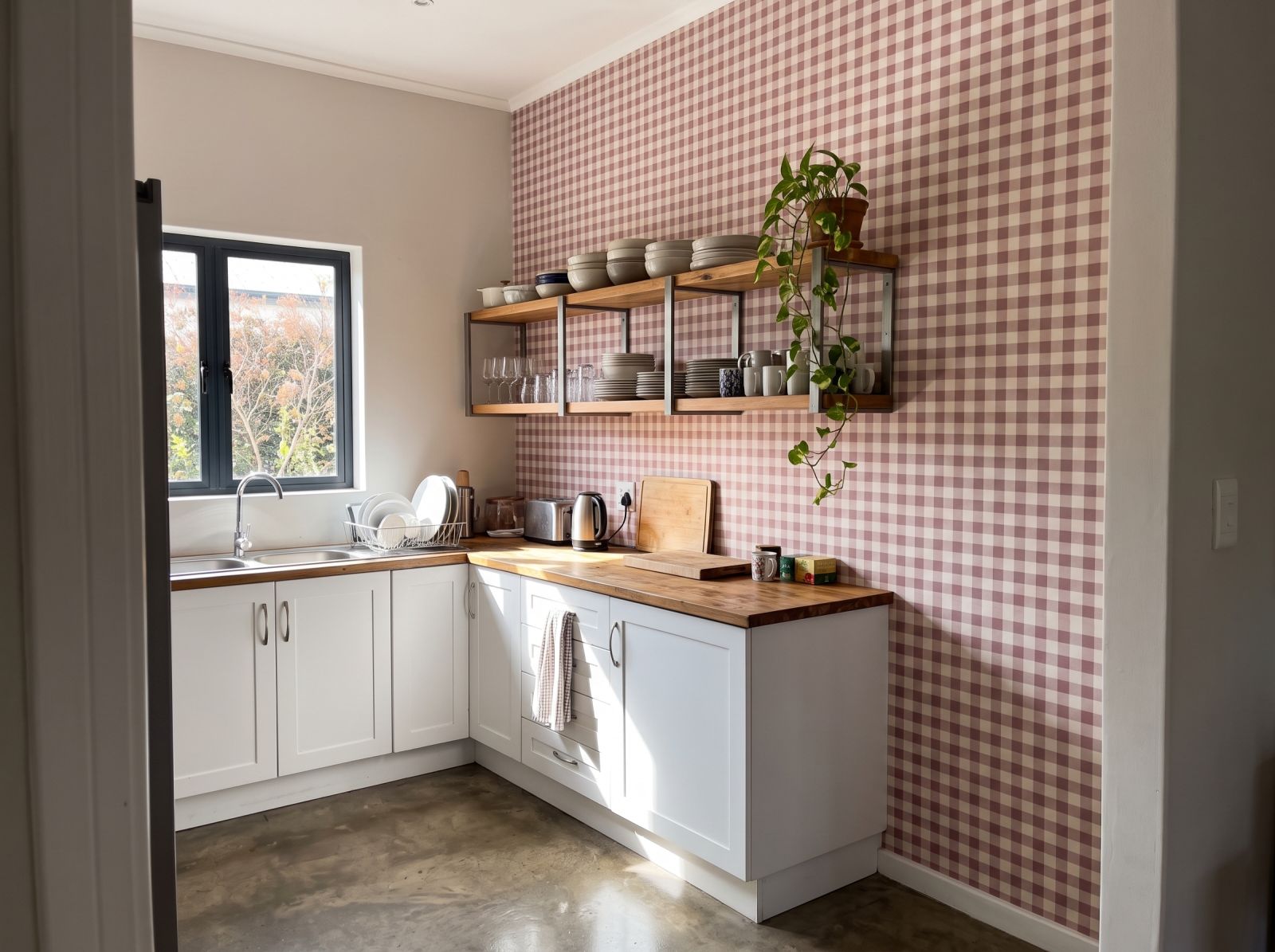 Holly Gingham Oxblood 1 Wallpaper and Wall Murals South Africa Holly Gingham Oxblood shown in a kitchen