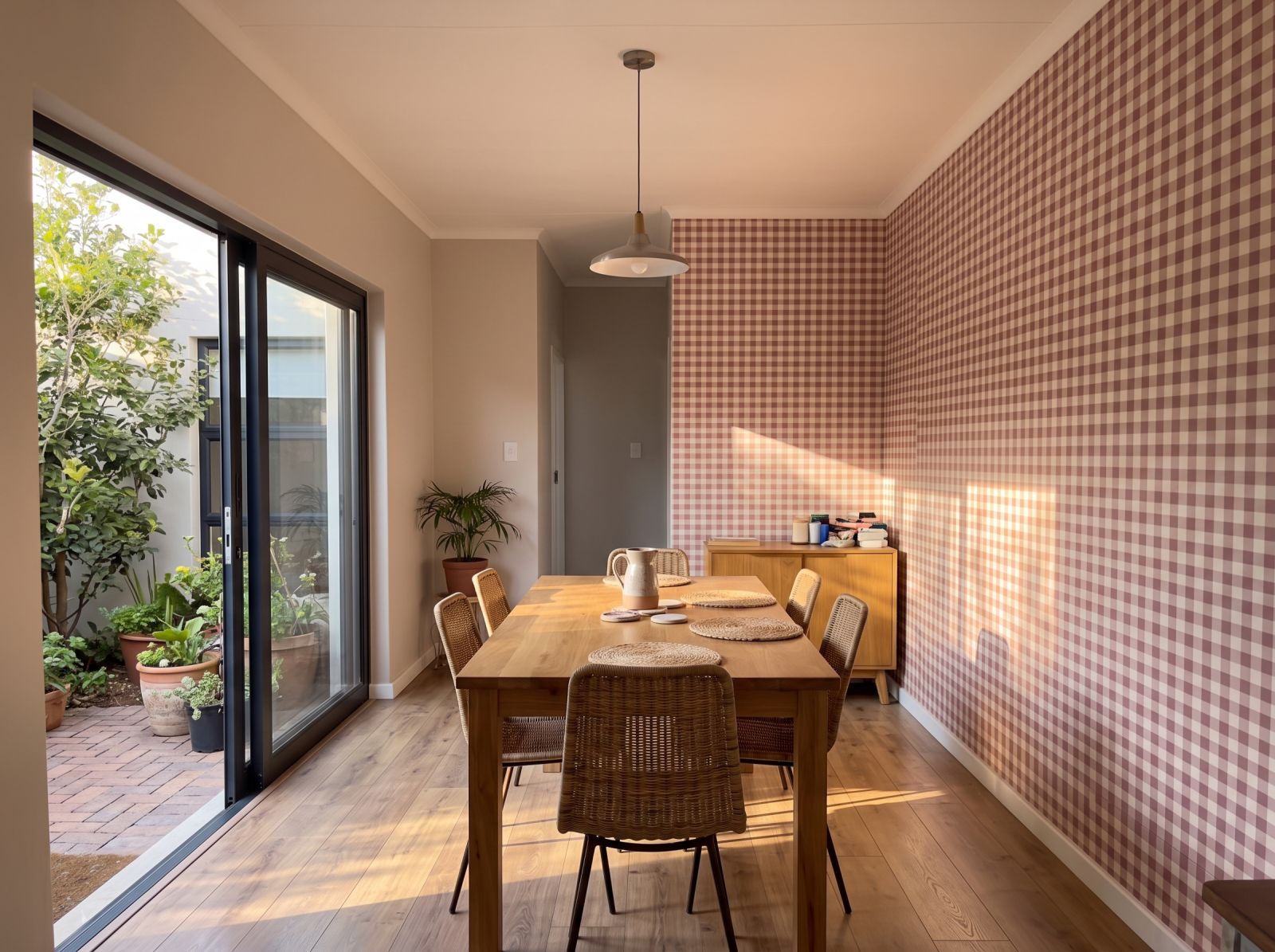 Holly Gingham Oxblood 3 Wallpaper and Wall Murals South Africa Holly Gingham Oxblood shown in a dining room