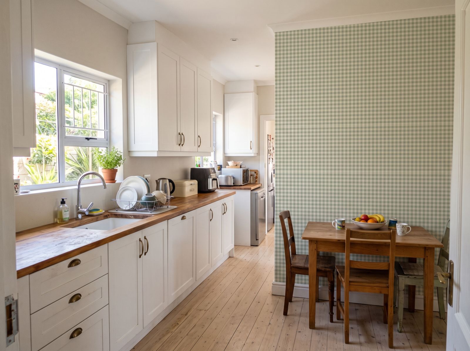 Holly Gingham Sage 1 Wallpaper and Wall Murals South Africa Holly Gingham Sage shown in a kitchen