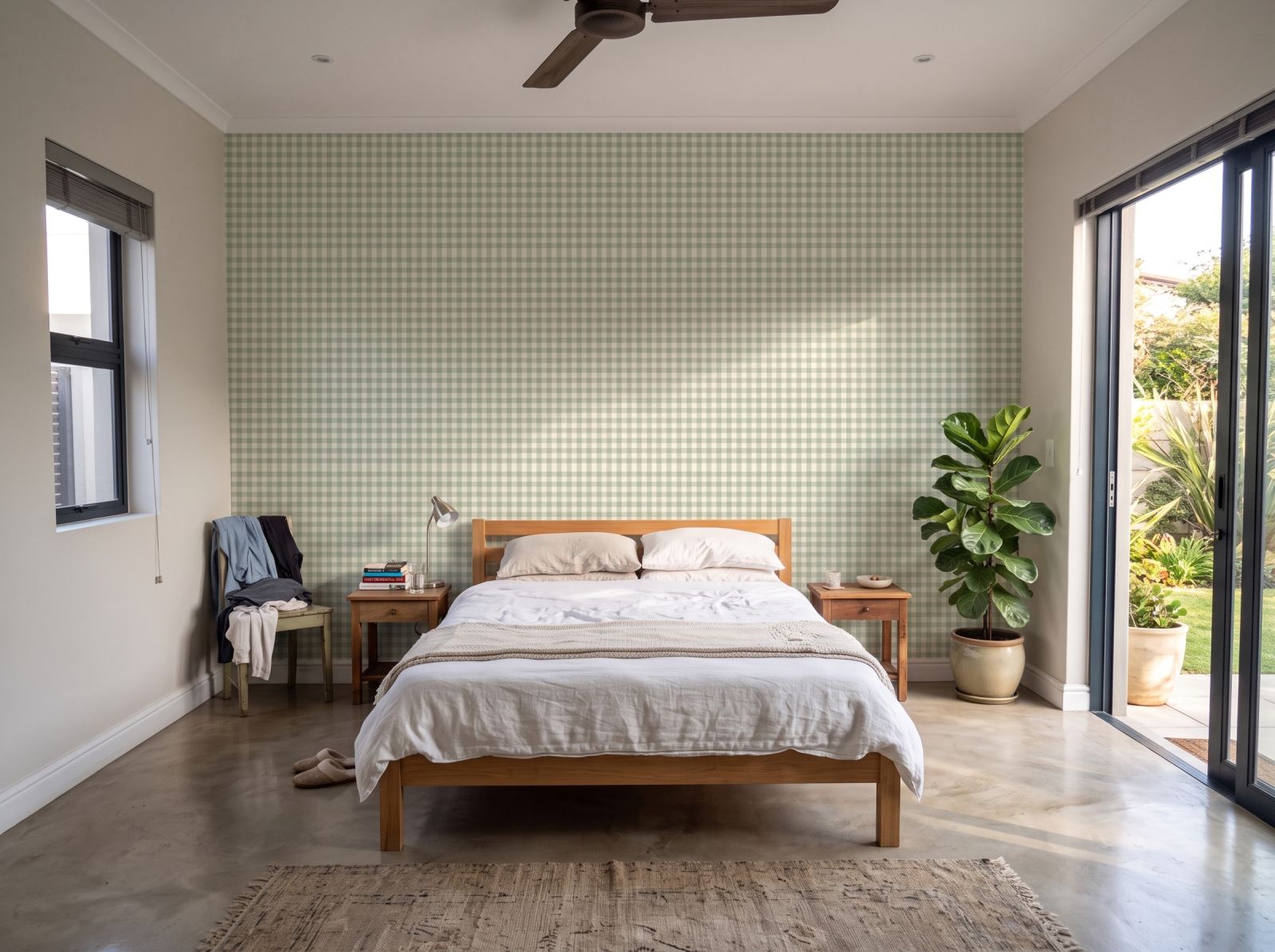 Holly Gingham Sage 3 Wallpaper and Wall Murals South Africa Holly Gingham Sage shown in a bedroom