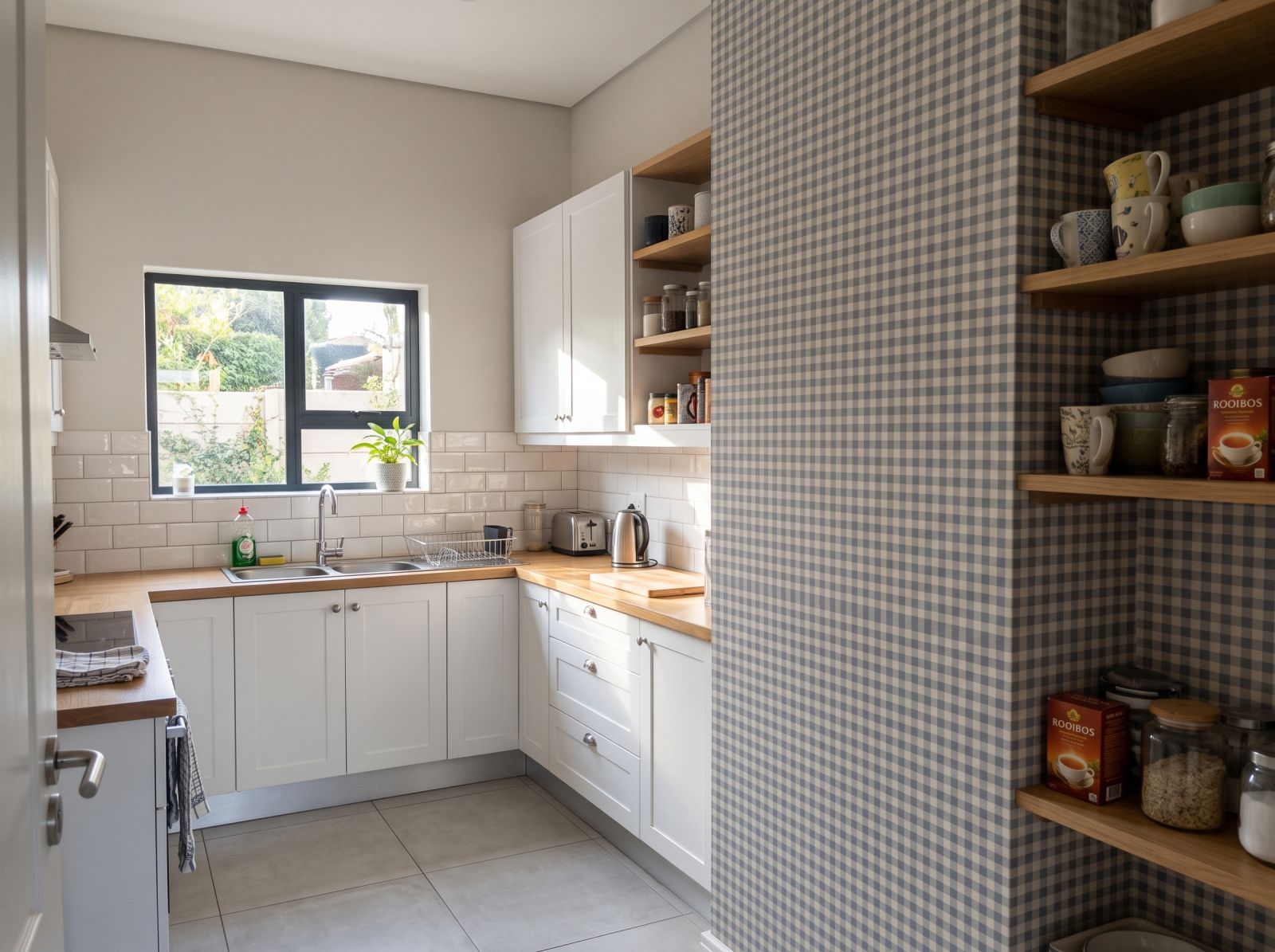 Holly Gingham Slate 1 Wallpaper and Wall Murals South Africa Holly Gingham Slate shown in a kitchen