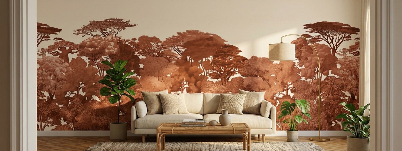 Terracotta Acacia Treeline 2 Wallpaper and Wall Murals South Africa Terracotta Acacia Treeline shown in a living room