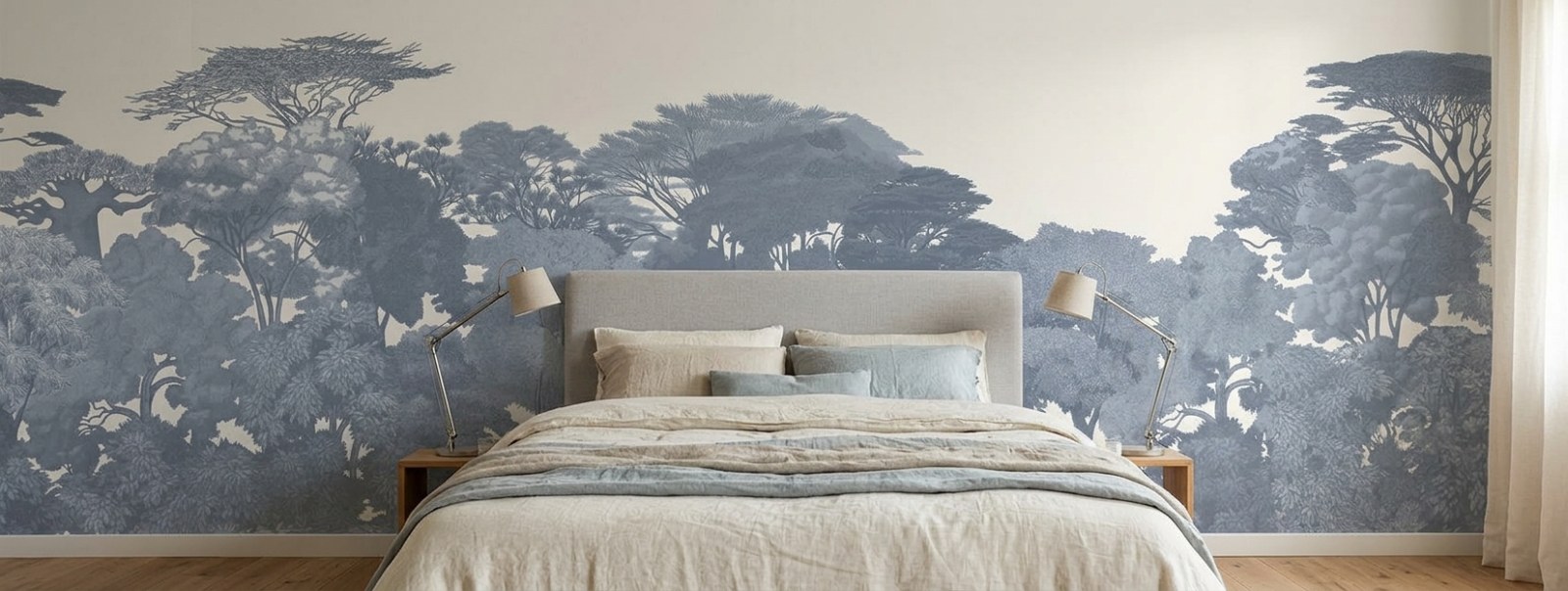 Delft Treeline 2 Wallpaper and Wall Murals South Africa Delft Treeline shown in a bedroom