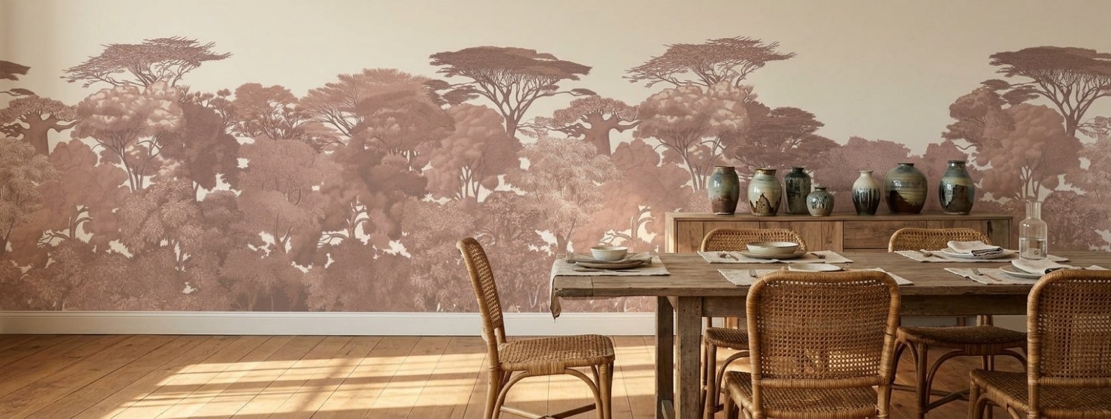 Kruger Soft Terracotta Treeline Mural 1 Wallpaper and Wall Murals South Africa Kruger Treeline shown in a living room