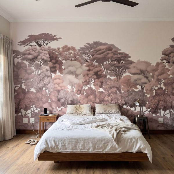 Kruger Treeline Mural Blush shown in a bedroom