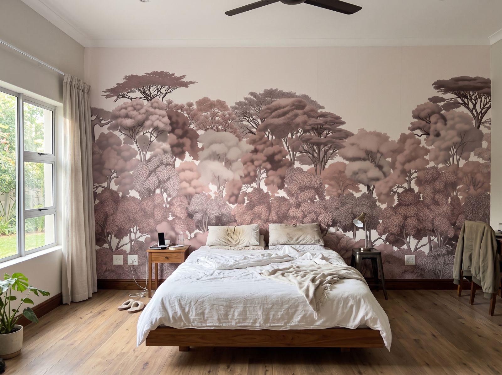 Kruger Treeline Mural Blush 1 Wallpaper and Wall Murals South Africa Kruger Treeline Mural Blush shown in a bedroom