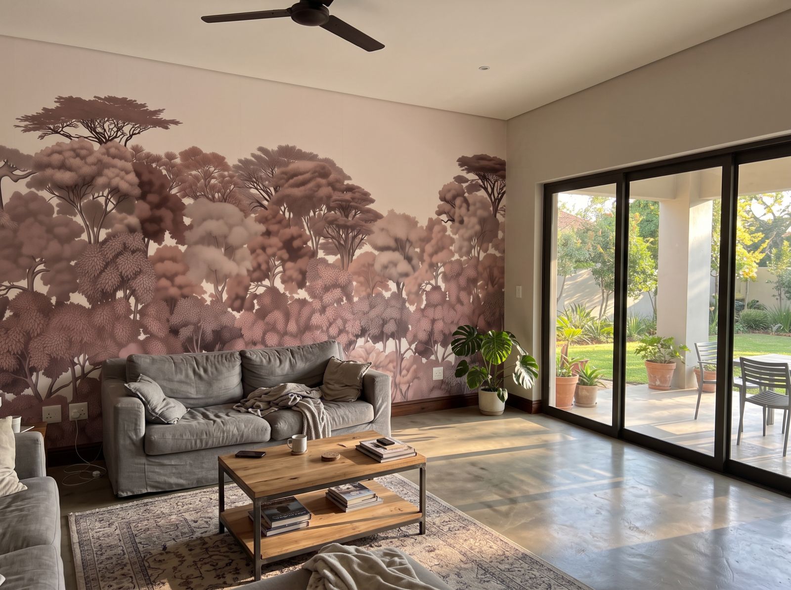 Kruger Treeline Mural Blush 3 Wallpaper and Wall Murals South Africa Kruger Treeline Mural Blush shown in a living room