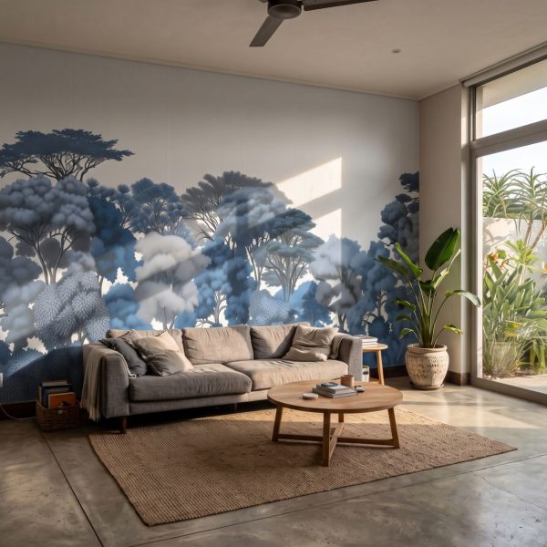 Kruger Treeline Mural Delft shown in a living room