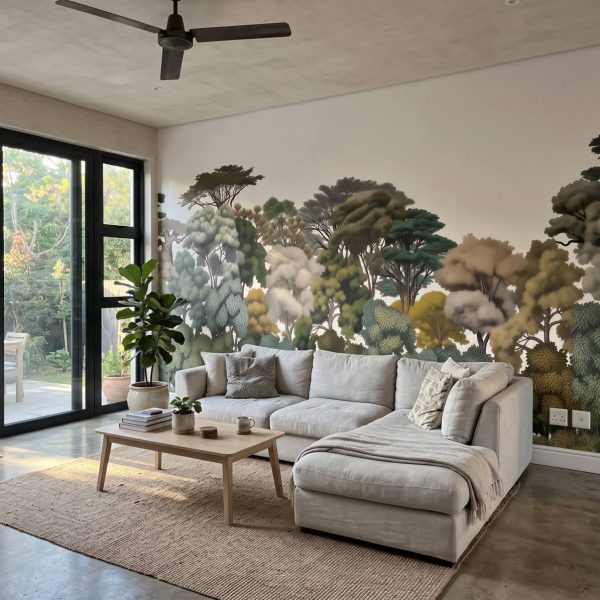 Kruger Treeline Mural Natural shown in a living room