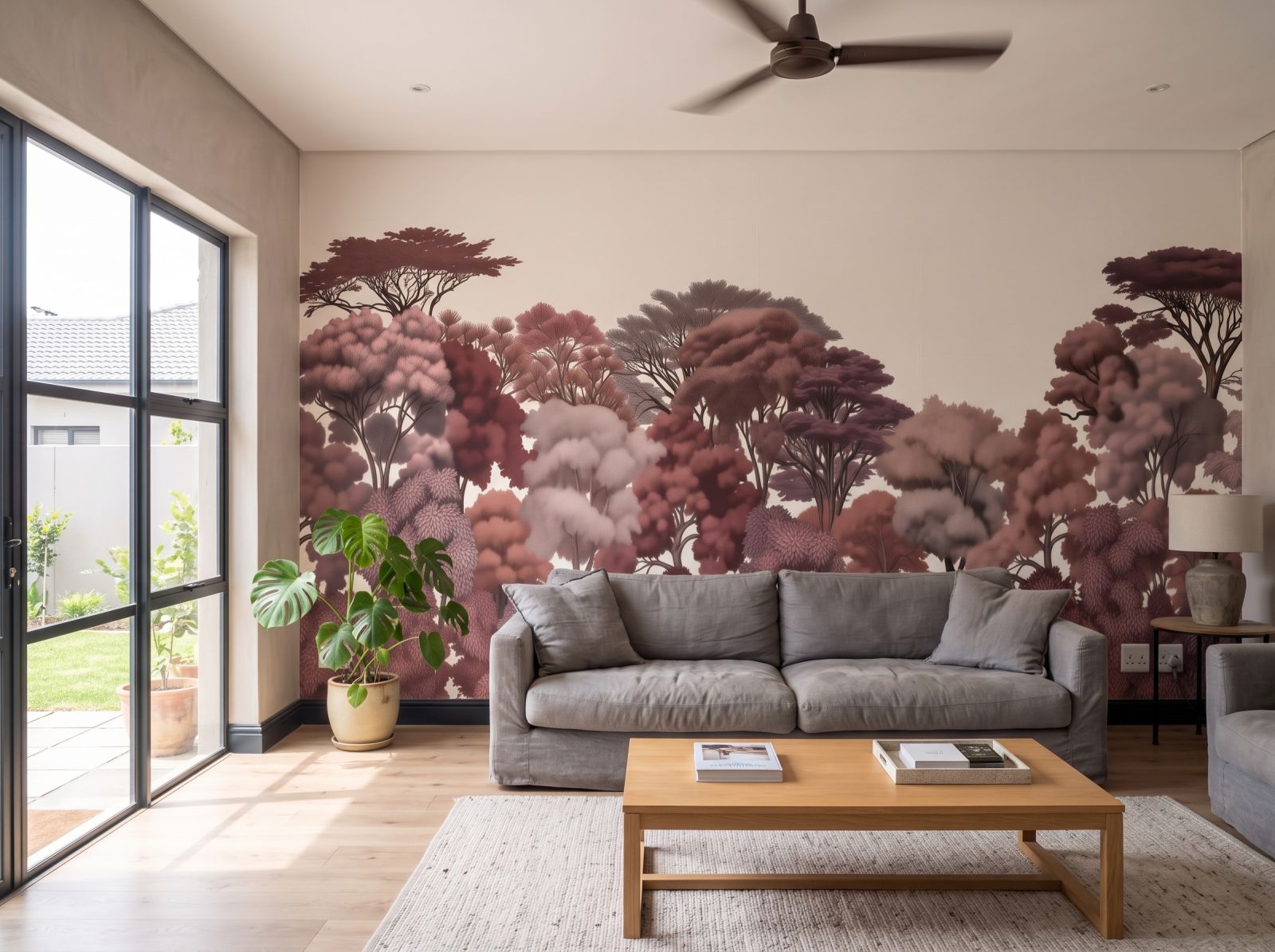 Kruger Treeline Mural Oxblood 3 Wallpaper and Wall Murals South Africa Kruger Treeline Mural Oxblood shown in a living room