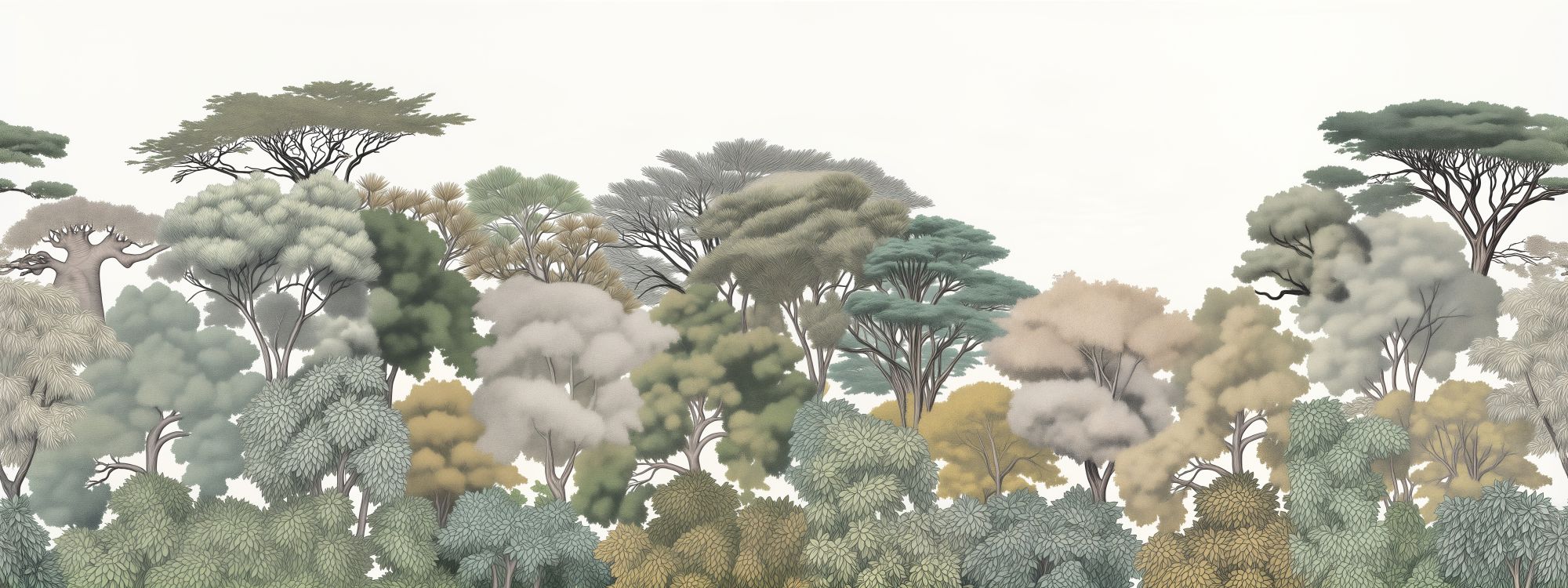 Kruger Treeline Mural Soft Colour 2 Wallpaper and Wall Murals South Africa Kruger Treeline Mural Soft Colour, treeline in sage green, dove grey and muted gold mural - WallpaperOnline