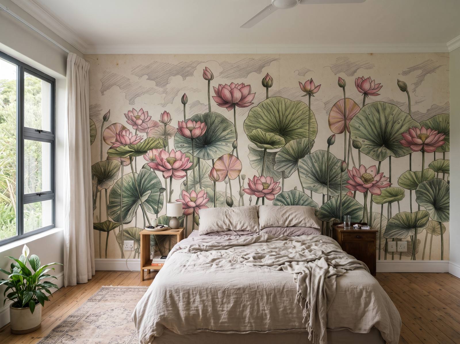 Lotus Pond Sketch Cream 3 Wallpaper and Wall Murals South Africa Lotus Pond Sketch shown in a bedroom