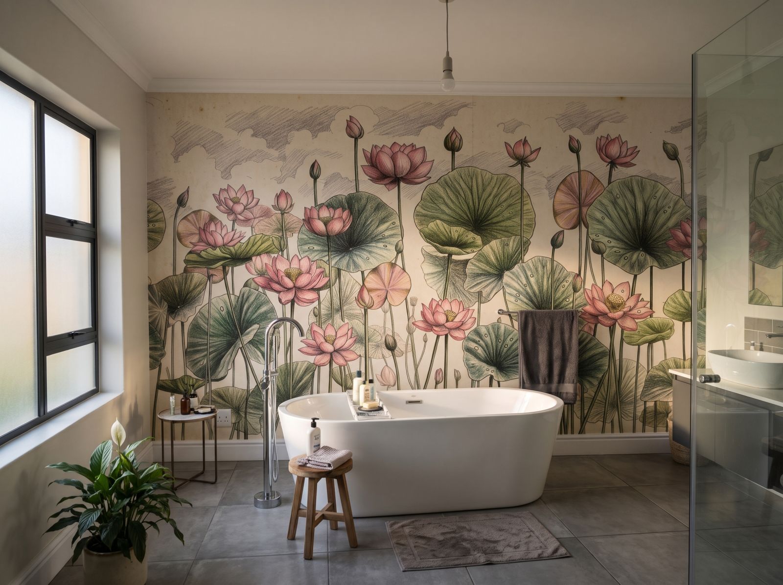 Lotus Pond Sketch Cream 1 Wallpaper and Wall Murals South Africa Lotus Pond Sketch shown in a bathroom