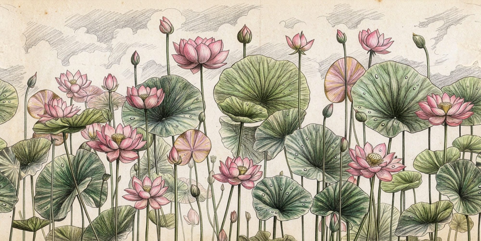Lotus Pond Sketch Cream 2 Wallpaper and Wall Murals South Africa Lotus Pond Sketch, lotus flowers and pond leaves in pink and green mural - WallpaperOnline