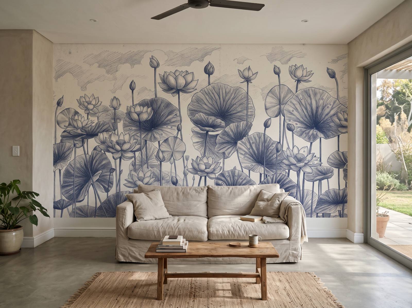 Lotus Pond Sketch 1 Wallpaper and Wall Murals South Africa Lotus Pond Sketch shown in a living room