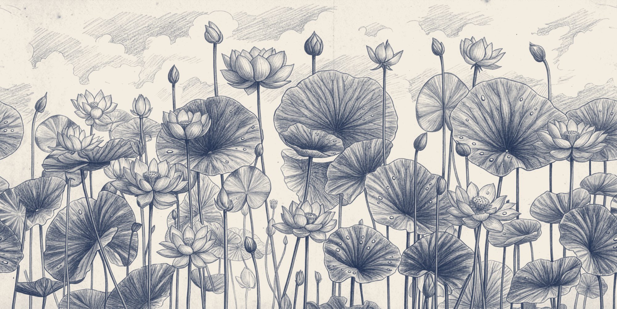 Lotus Pond Sketch 2 Wallpaper and Wall Murals South Africa Lotus Pond Sketch, lotus flowers and lily pads in indigo and parchment mural - WallpaperOnline