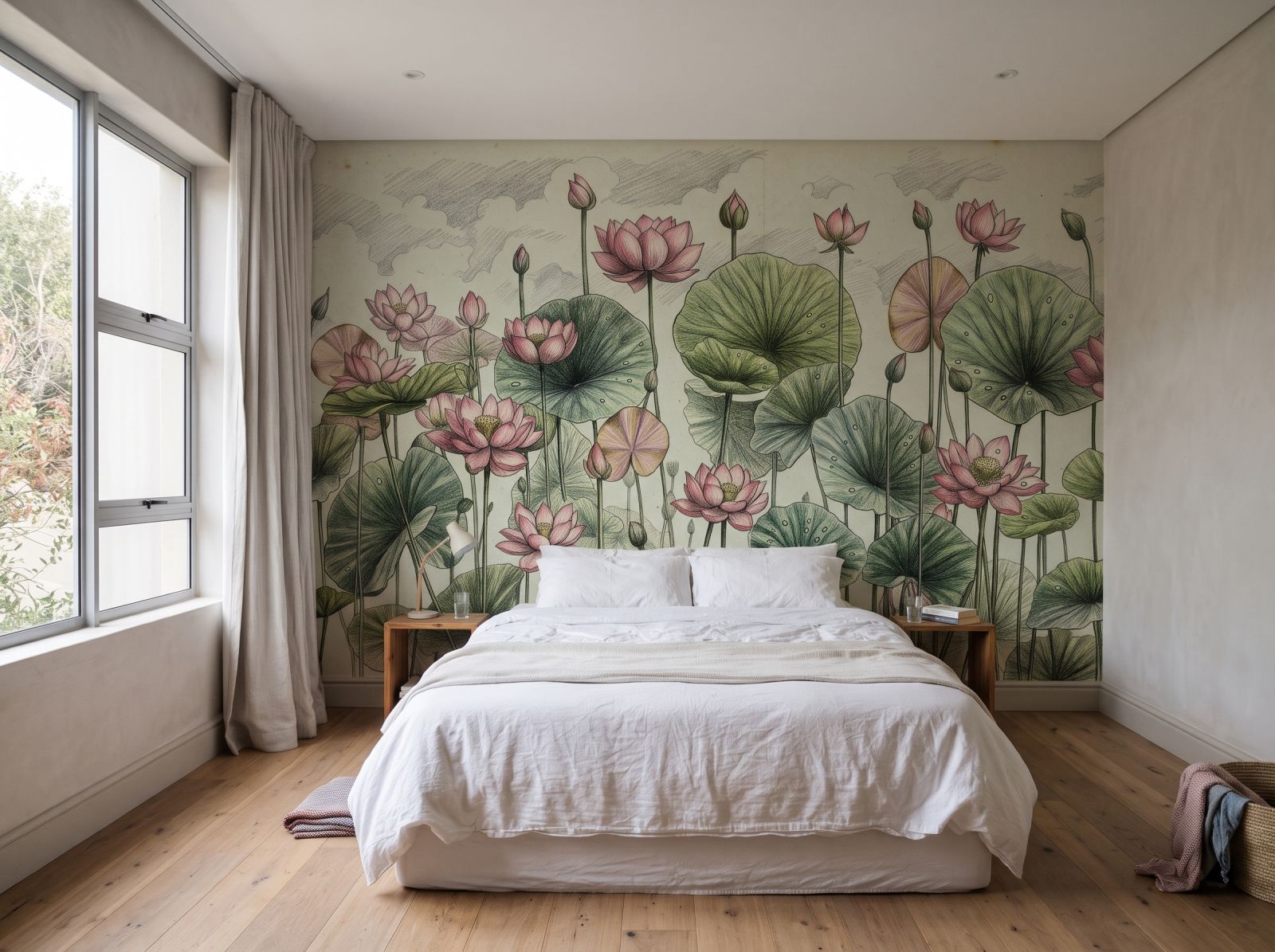 Lotus Sketch Sage 3 Wallpaper and Wall Murals South Africa Lotus Pond Sketch shown in a bedroom