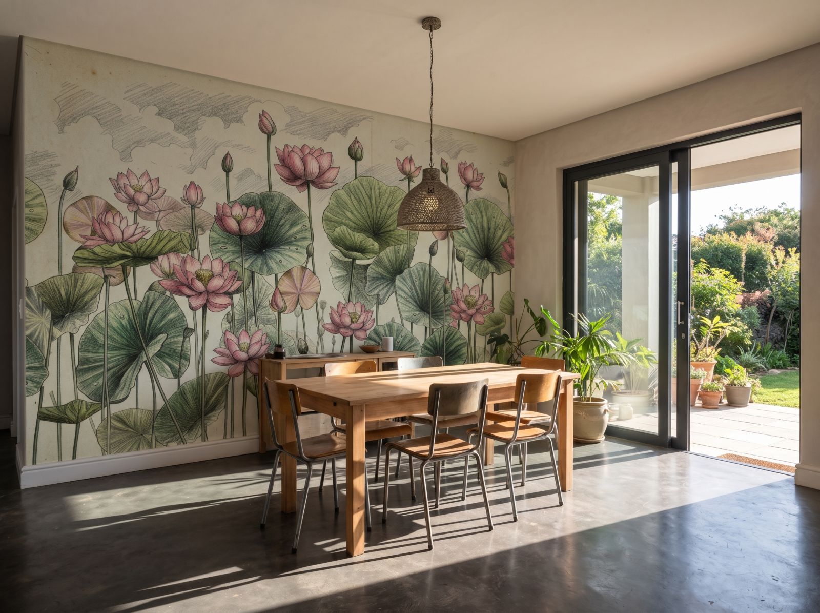 Lotus Sketch Sage 1 Wallpaper and Wall Murals South Africa Lotus Pond Sketch shown in a dining room