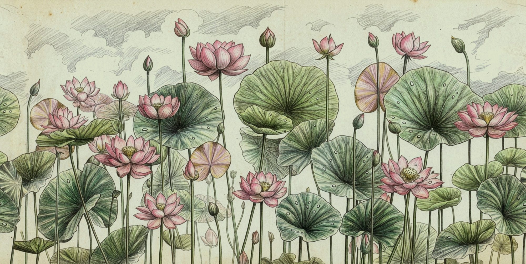 Lotus Sketch Sage 2 Wallpaper and Wall Murals South Africa Lotus Pond Sketch, lotus flowers in cream, green and pink mural - WallpaperOnline