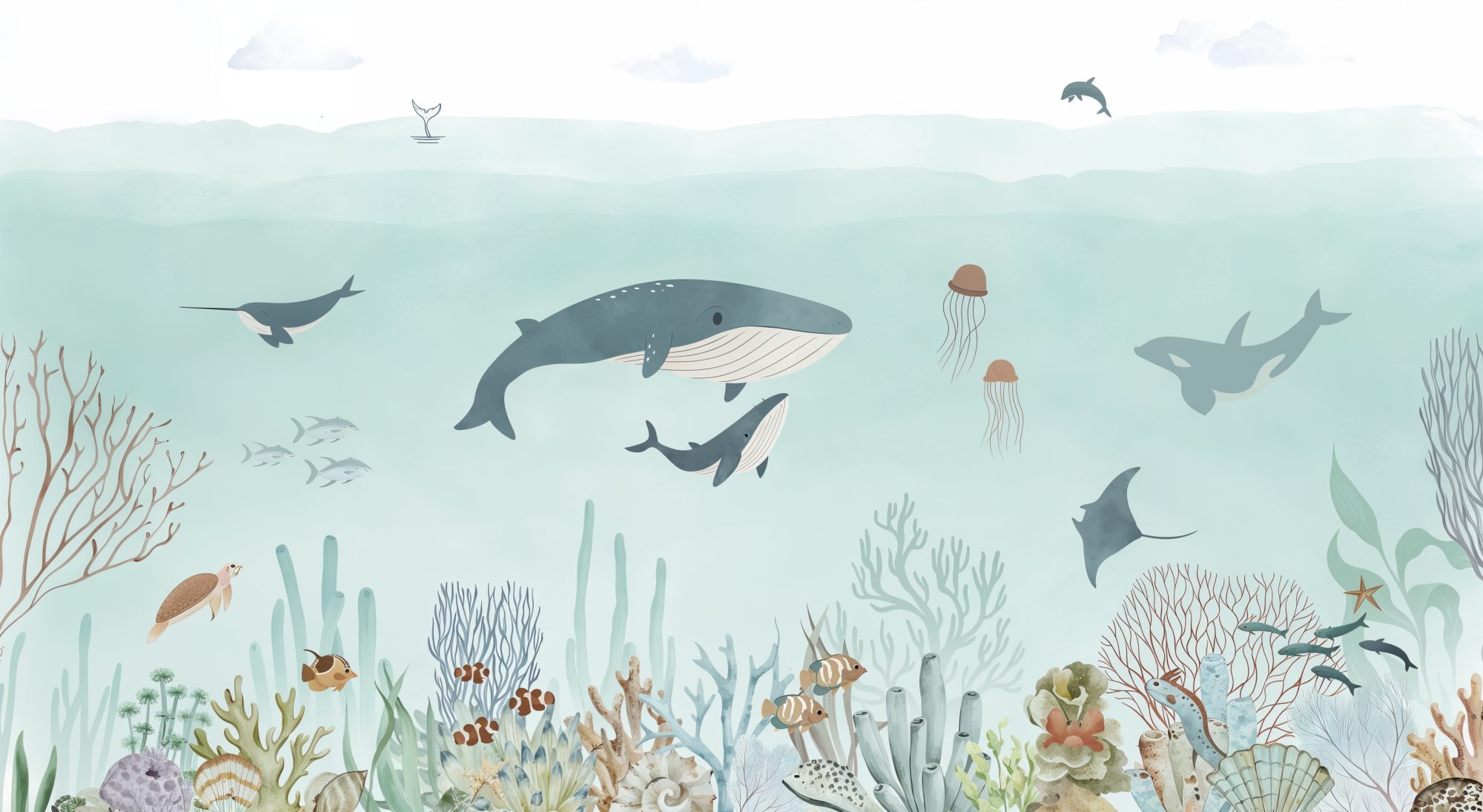 Ocean Wonders Mural 2 Wallpaper and Wall Murals South Africa Ocean Wonders Mural, whale and sea creatures in teal, blue-grey and sandy mural - WallpaperOnline
