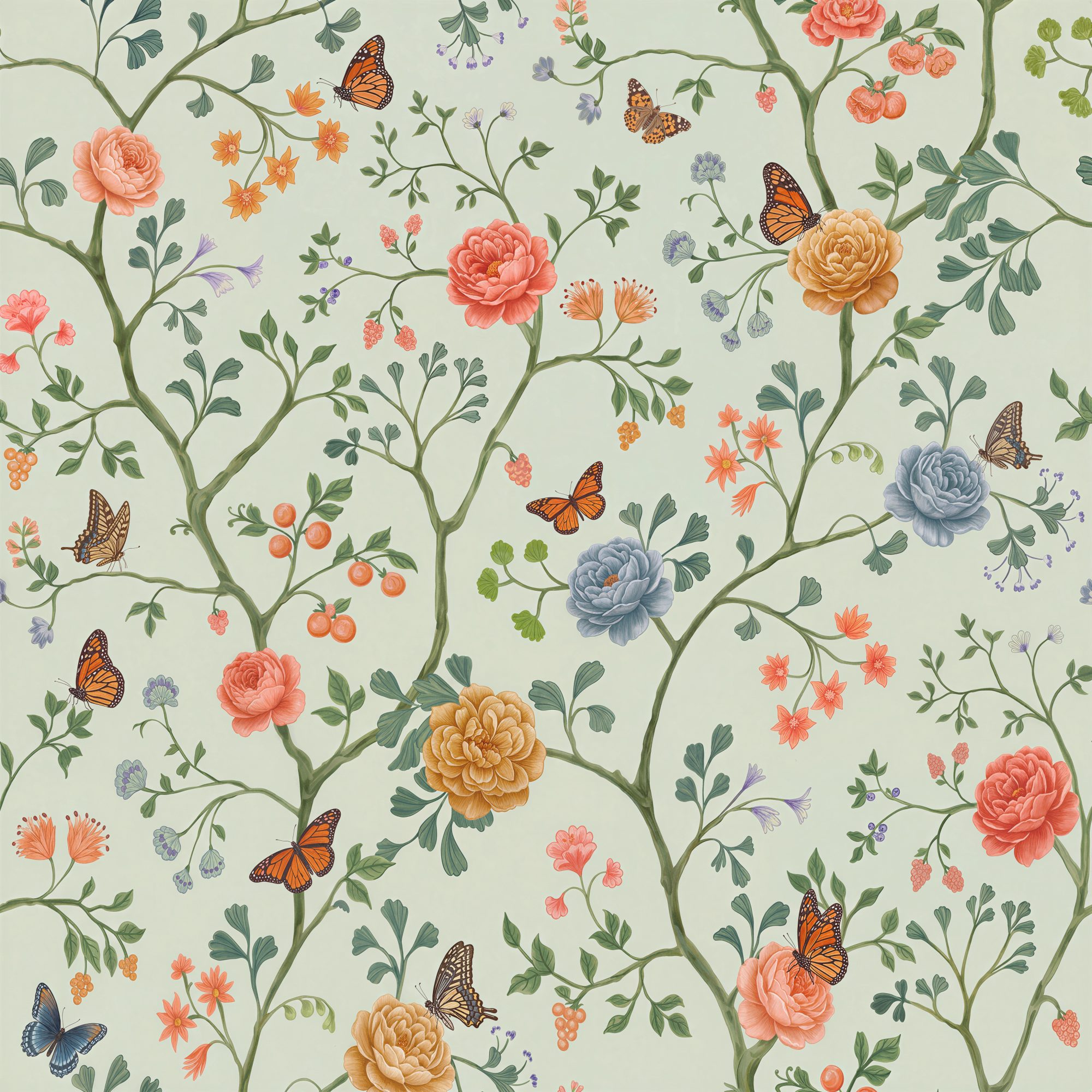 Butterfly Garden Trellis 4 Wallpaper and Wall Murals South Africa Butterfly Garden Trellis, floral trellis with butterflies in coral, amber and blue wallpaper - WallpaperOnline