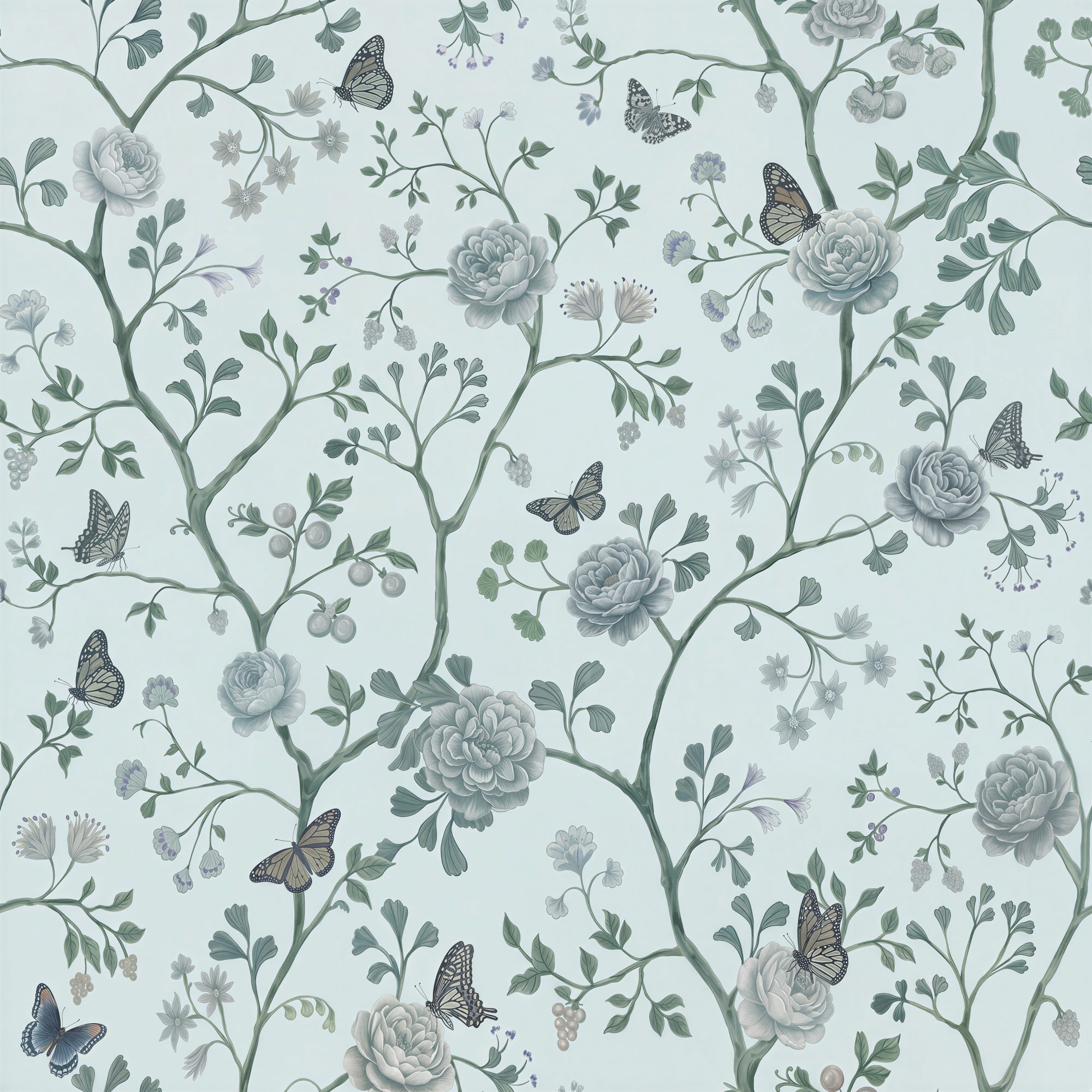 Orchard Blossom Trellis 4 Wallpaper and Wall Murals South Africa Orchard Blossom Trellis, roses and butterflies on a trellis in duck egg blue, sage green and grey wallpaper - WallpaperOnline
