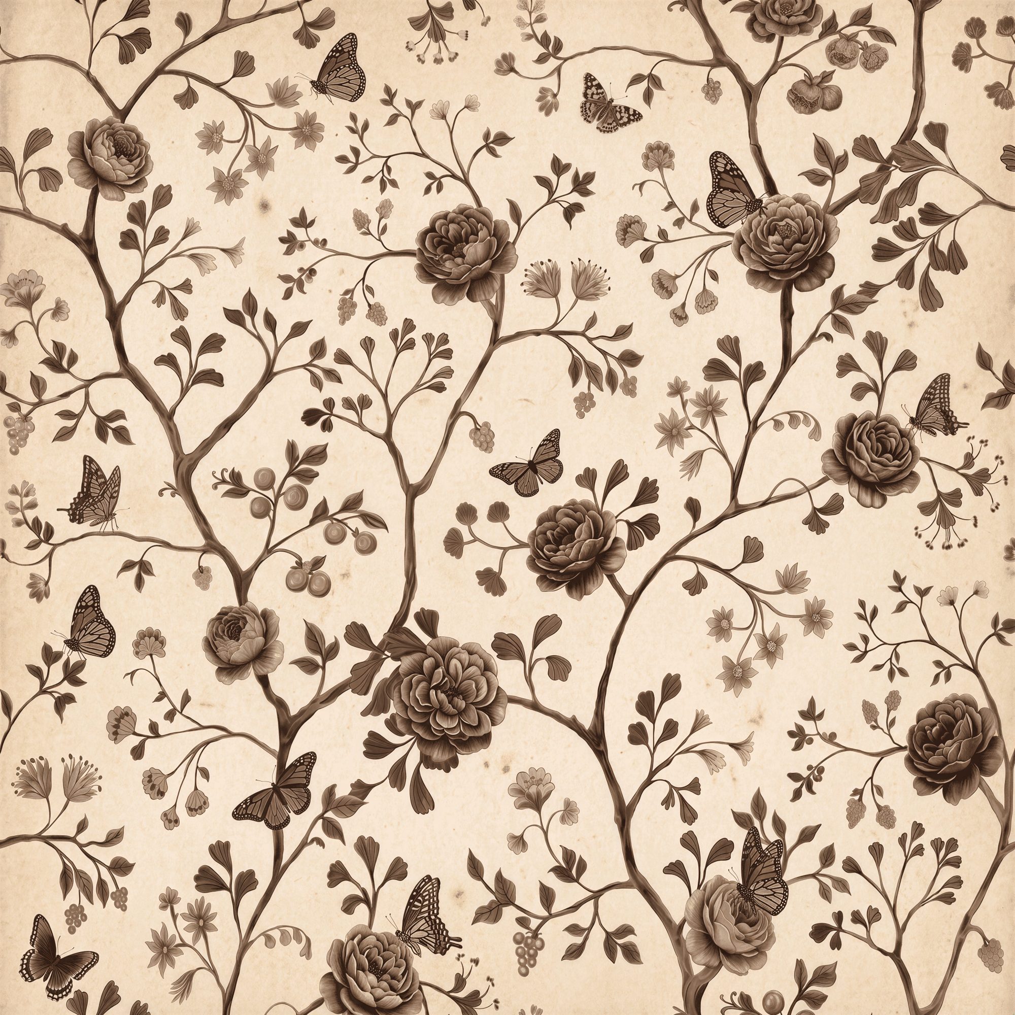 Sepia Rose Trellis 4 Wallpaper and Wall Murals South Africa Sepia Rose Trellis, floral trellis with butterflies in brown and cream wallpaper - WallpaperOnline