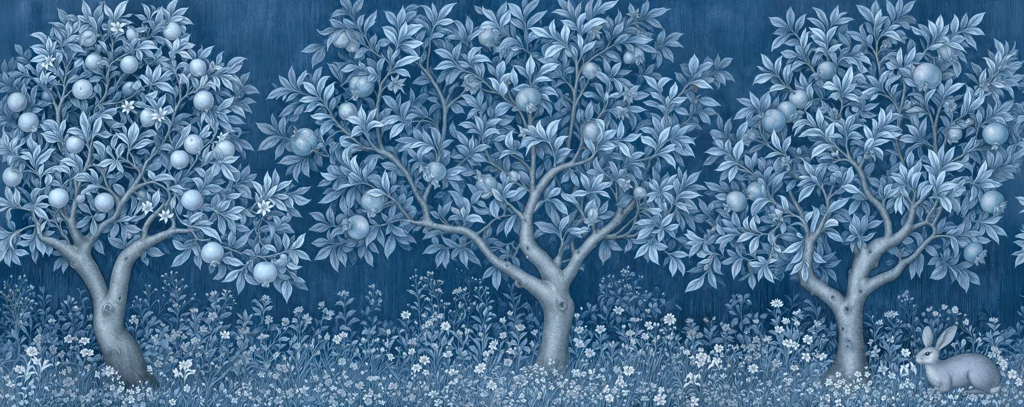 Orchard Tapestry Mural Delft 2 Wallpaper and Wall Murals South Africa Orchard Tapestry Mural Delft, pomegranate orchard with rabbit in blue and white mural - WallpaperOnline