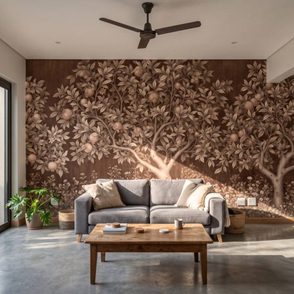 Orchard Tapestry Mural Sepia shown in a living room