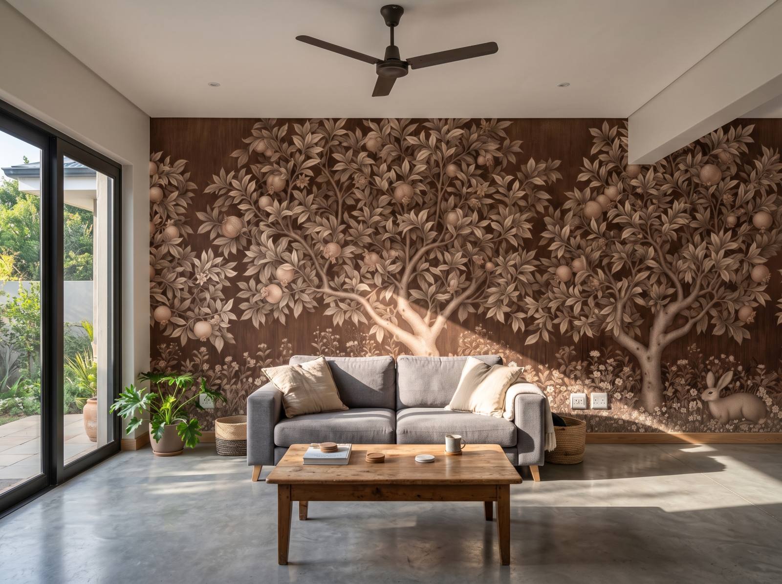 Orchard Tapestry Mural Sepia 1 Wallpaper and Wall Murals South Africa Orchard Tapestry Mural Sepia shown in a living room
