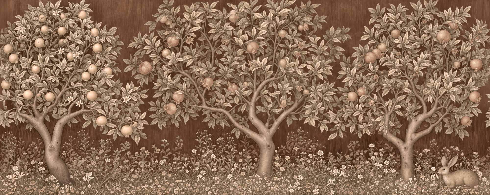 Orchard Tapestry Mural Sepia 2 Wallpaper and Wall Murals South Africa Orchard Tapestry Mural Sepia, pomegranate orchard scene in brown and beige mural - WallpaperOnline