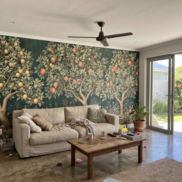 Orchard Tapestry Mural Soft Colour shown in a living room
