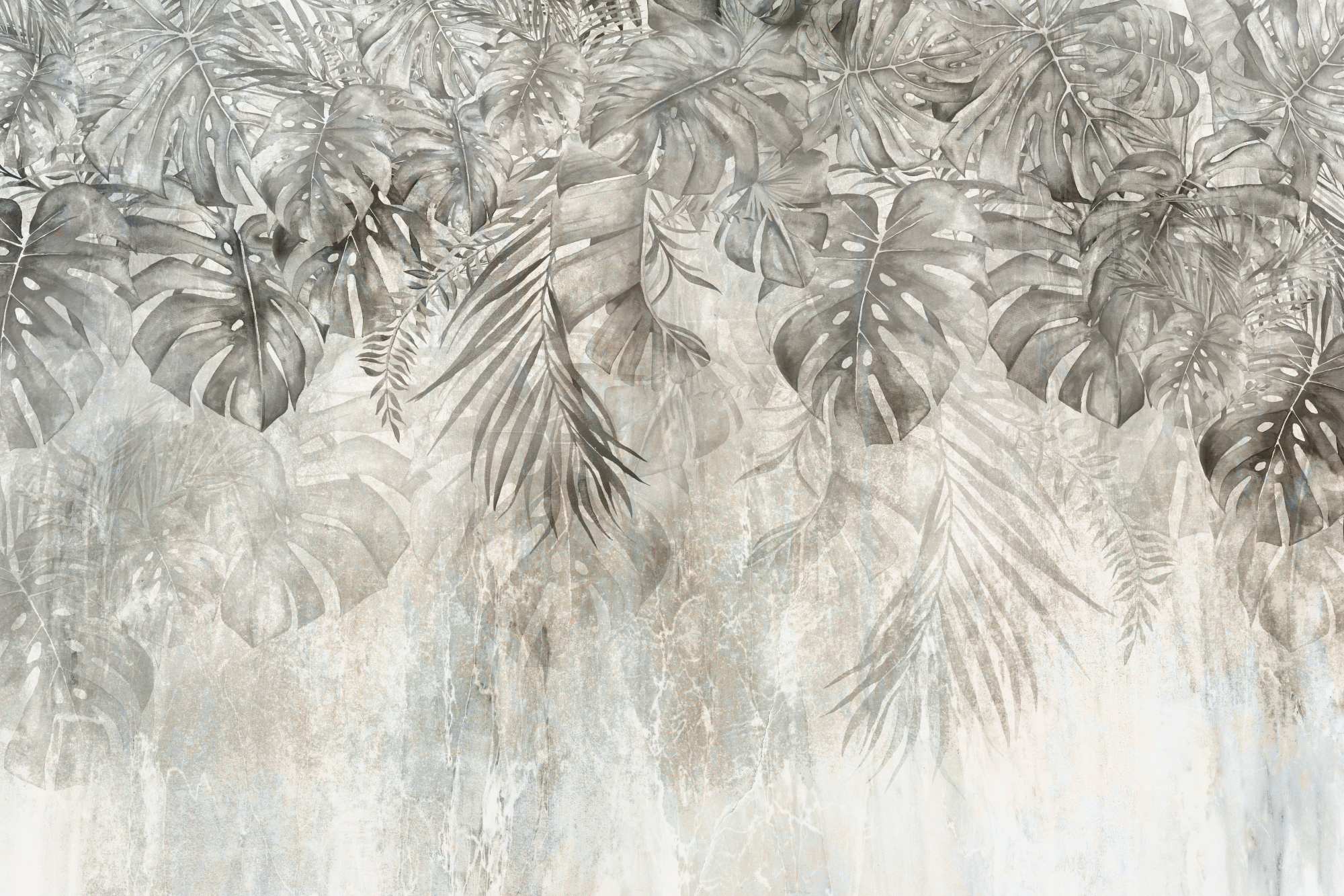 Mural Treasured Leaves 2 Wallpaper and Wall Murals South Africa Treasured Leaves, tropical leaf foliage in grey and beige mural - WallpaperOnline