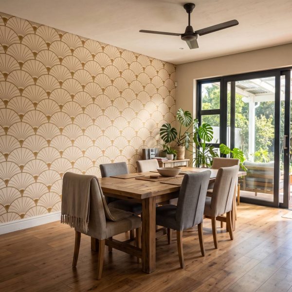 Palm Fan Mural Gold Dust shown in a living room