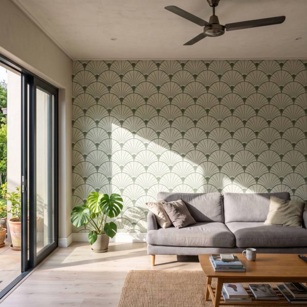 Palm Fan Mural Sage shown in a living room