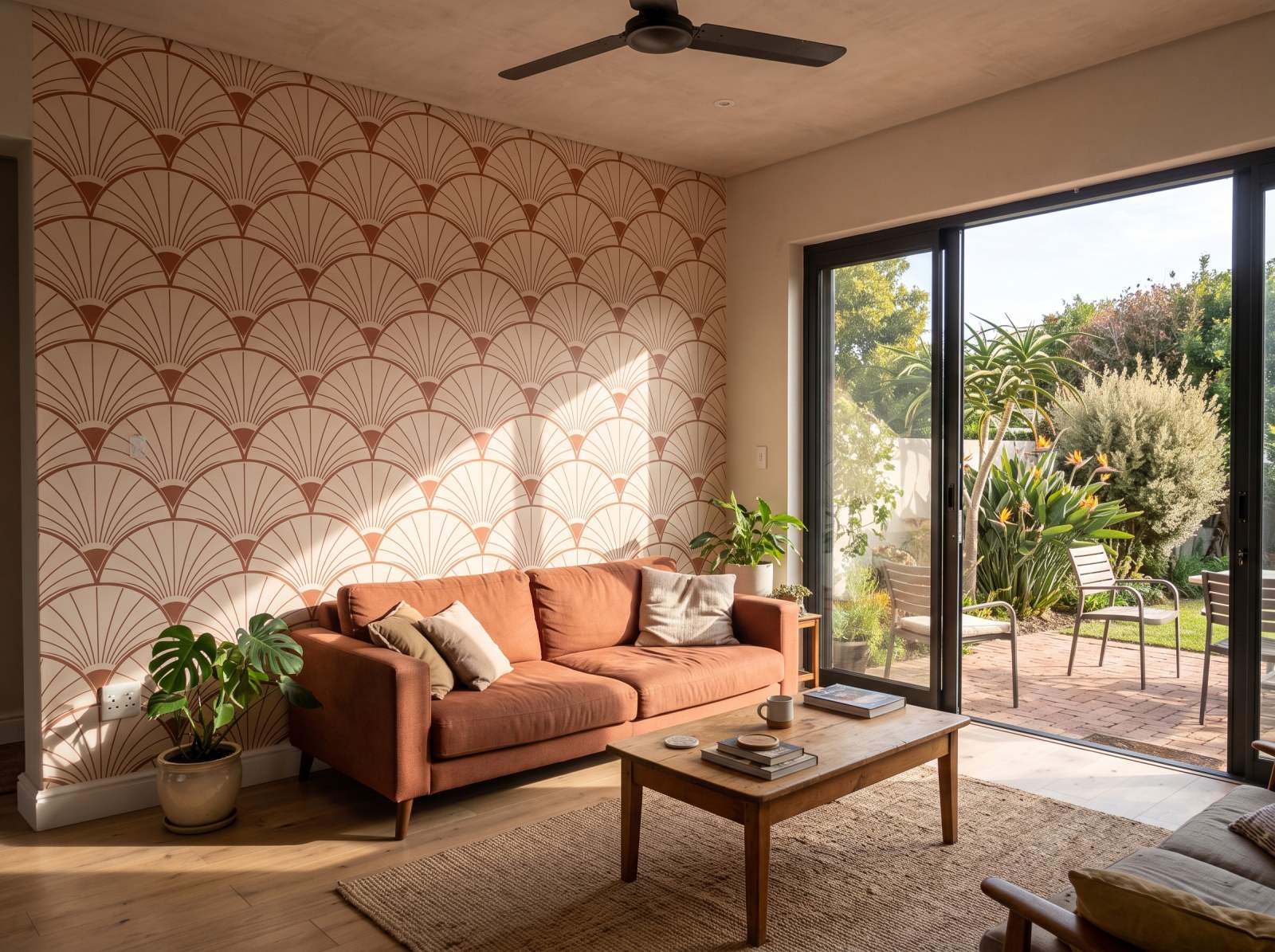 Palm Fan Mural Terracotta 1 Wallpaper and Wall Murals South Africa Palm Fan Mural Terracotta shown in a living room