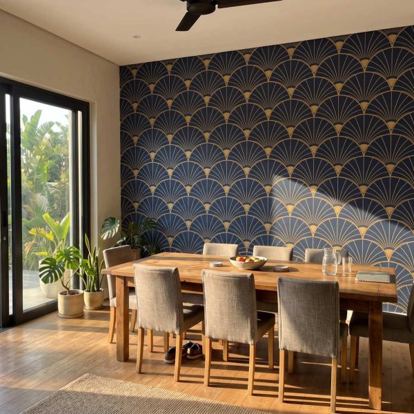 Palm Fan Mural Midnight shown in a living room