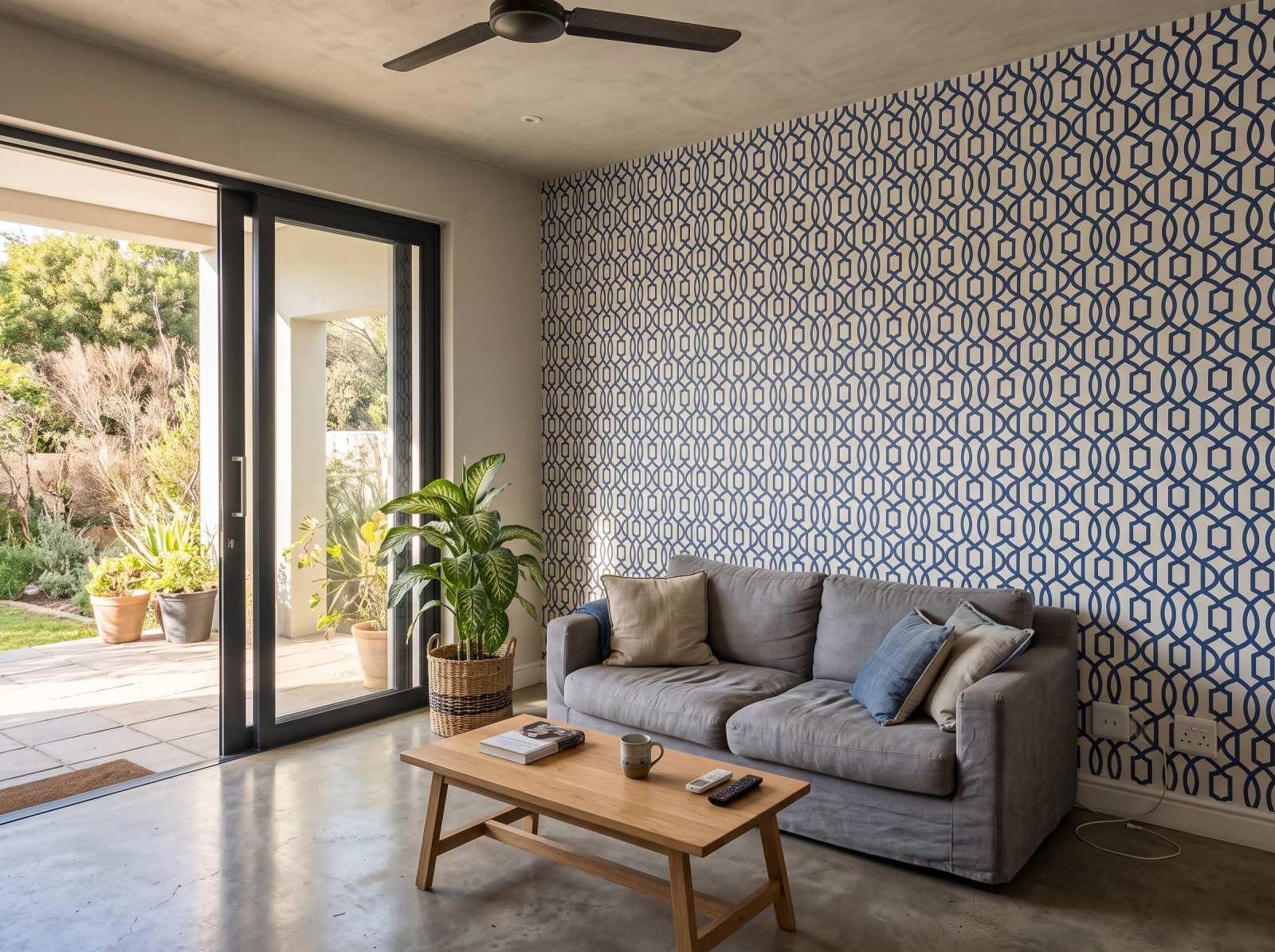 Pizazz Trellis Delft 1 Wallpaper and Wall Murals South Africa Pizazz Trellis Delft shown in a living room